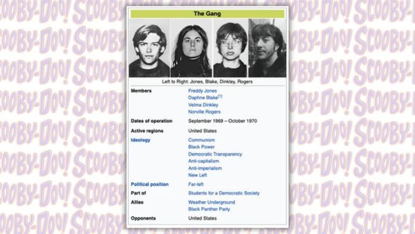 A fake Wikipedia page showing four young white people supposedly part of a leftist group called "The Gang" from the 1960s with the same names as the four main human characters from Scooby-Doo.