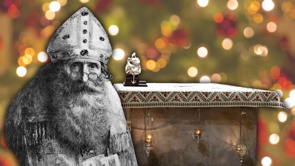 In this photo collage, a black-and-white sketch of St. Nicholas, an old, bearded man wearing glasses, is seen next to a picture of his tomb. The background of the image is blurred red and green Christmas tree lights.