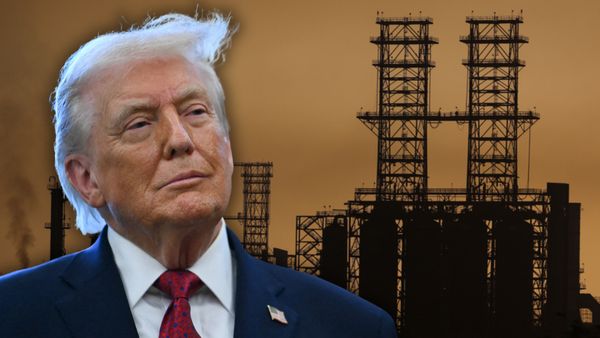 U.S. President Donald Trump pictured in a photo illustration in front of a black silhouette of an oil factory building.