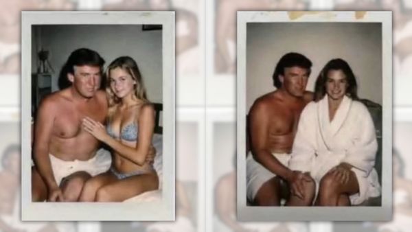 AI-generated polaroids of U.S. President Donald Trump, shirtless, sitting next to two different young women. One is in a bra and underwear and the other is in a robe. 