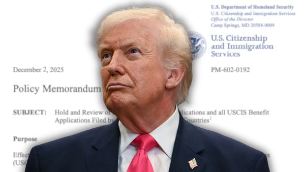In this photo illustration, a headshot of U.S. President Donald Trump is pasted on top of a U.S. Citizenship and Immigration Services memorandum. 
