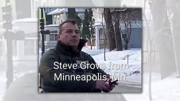 Screenshot of ICE agent from recording of Good's killing, except with an AI-generated lower half of his face. Text over it reads: "Steve Grove from Minneapolis, Mn."