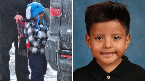 On the left: A child wearing a blue hat and a Spiderman backpack stands while a man holds onto him using his backpack. On the right: A school picture of the child smiling. 