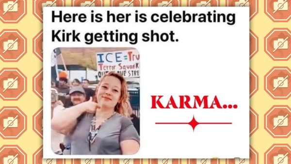 A screenshot of a fake image of Renee Good, a white woman with long curly hair, pointing at her neck. Words above and to the side of the image read, "Here is her is celebrating Kirk getting shot. KARMA...." Behind the screenshot, the background is a pattern of Snopes' red "fake" logo, a camera with a cross through it.