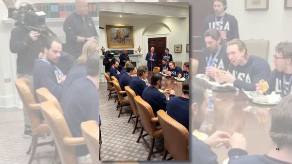 Image shows a screenshot of an X post showing U.S. Olympic men's ice hockey team eating a meal in the White House. 
