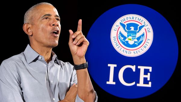 On the left, former President Barack Obama speaks, gesturing upward with his left hand. On the right, the logo of U.S. Immigration and Customs Enforcement is visible inside a blue circle.