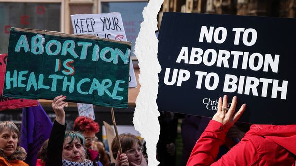 A side-by-side of two images, one from an anti-abortion protest and another from a pro-abortion rights protest. 