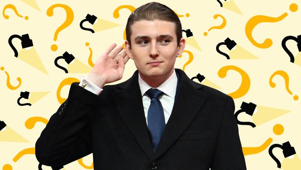 In this collage, a photo of Barron Trump, a young white man in a suit with slicked back hair holding a hand to his ear, is placed in front of a repeating pattern of question marks and the Snopes lamp logo.