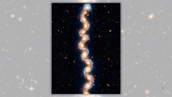Fake image of Cosmic Vine. It shows a chain of galaxies connected to each other without space between them running from top to bottom of image. The positioning of the galaxies gives the chain a helix-like shape.