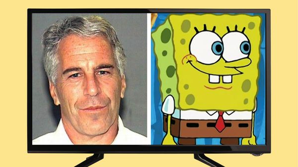 A flat-screen TV, with a photo of Jeffrey Epstein on the left and SpongeBob on the right