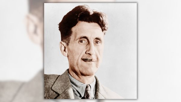 An image shows British novelist George Orwell looking directly into the camera.