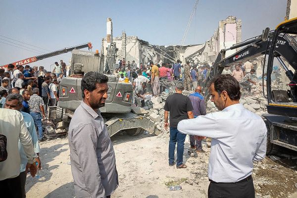 The image shows shows the site of a strike on a girls' school in Minab, Iran.