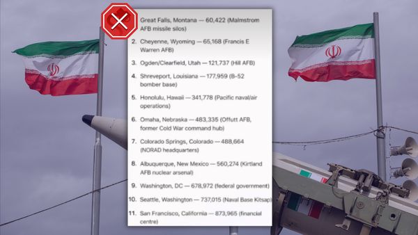 In this photo collage, a screenshot of a list of U.S. cities is shown in front of a picture of missiles with Iran flags near them alongside a red X denoting Snopes' false rating logo.