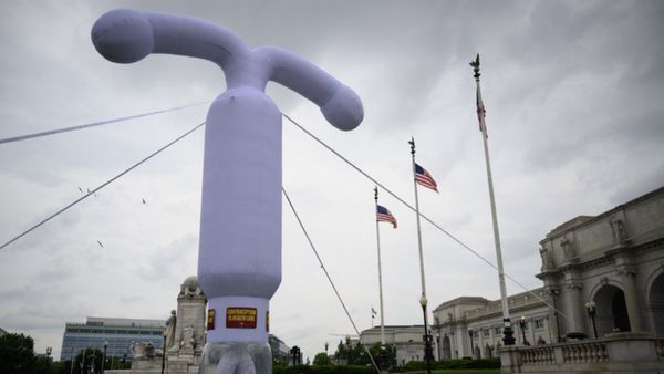 A giant purple blowup intrauterine device, or IUD, on a lawn. 