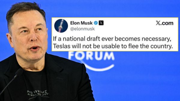 Elon Musk, a white man, speaks into a microphone on the right side of the image. On the left side of the image, a screenshot that appears to show a post on X reads, "If a national draft ever becomes necessary, Teslas will not be usable to flee the country."