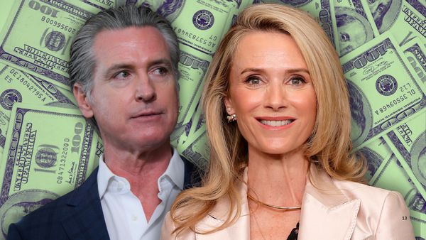 A photo collage of California Gov. Gavin Newsom, a white man with slicked back salt and pepper hair, and Jennifer Siebel Newsom, a white woman with blonde hair.