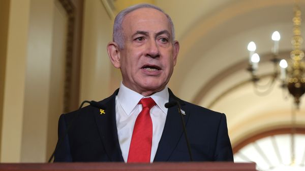 Israeli Prime Minister Benjamin Netanyahu delivers remarks following a meeting with U.S. Speaker of the House Mike Johnson at the U.S. Capitol on February 07, 2025 in Washington, D.C.