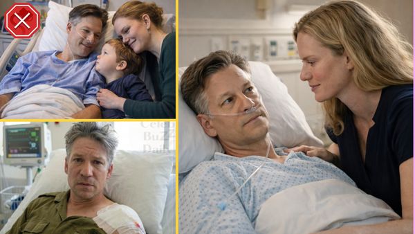 Three AI-generated images of NBC News war correspondent Richard Engel, a white man with brown and white hair, in a hospital bed. 