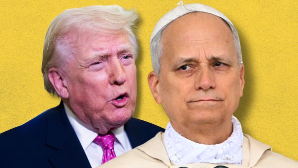 A collage of the heads of U.S. President Donald Trump, a white man with short blonde hair wearing a suit, and Pope Leo XIV, a white man in traditional white papal clothing, including a white skullcap.