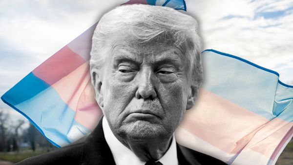 A black-and-white image of U.S. President Donald Trump superimposed on top of a picture of a trans flag. 