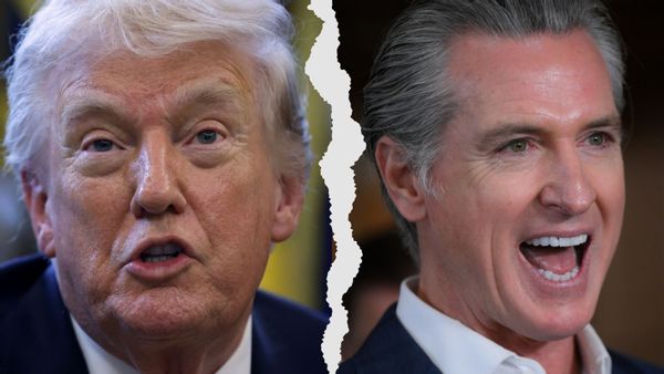 Image shows a side-by-side of California Gov. Gavin Newsom and U.S. President Donald Trump.