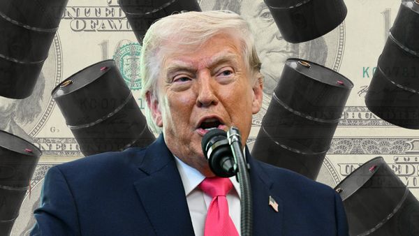 President Donald Trump, a white man wearing a dark blue suit, speaks into a microphone. Black oil canisters can be seen behind him against a background of $100 bills.