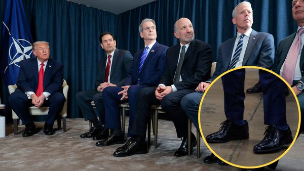 A photo of Trump sitting by Marco Rubio, Scott Bessent, Howard Lutnick, and Chris Wright, all wearing the same style of shiny, black leather oxford shoes. A circular cutout of another photo is overlaid on top showing a close-up of Rubio's shoes from a different photo, in which a gap is between the heels of his right foot and shoe.