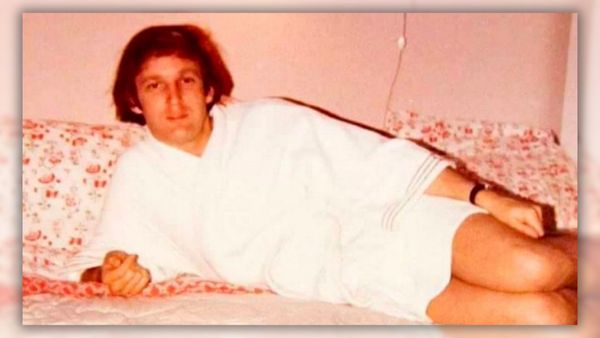 An image shows a younger Donald Trump reclining on a bed wearing a bathrobe.