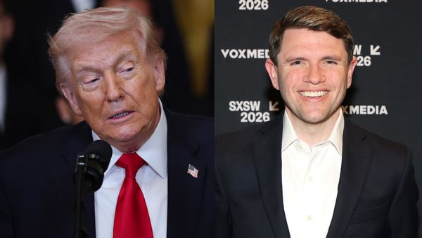 Side-by-side of President Trump, a white man, wearing a suit and speaking into a microphone, and U.S. Senate candidate James Talarico smiling and wearing a suit.