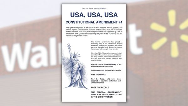 An anti-ICE advertisement that ran in the New York Times overlaid on a background showing a Walmart storefront.