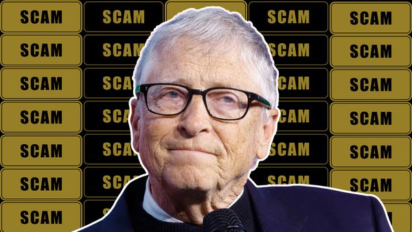 Illustration of Bill Gates in front of a background filled with "SCAM" labels.