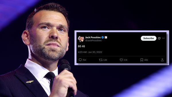 A composite image shows Jack Posobiec, a white male conservative influencer, and a post from his X account reading "8646."