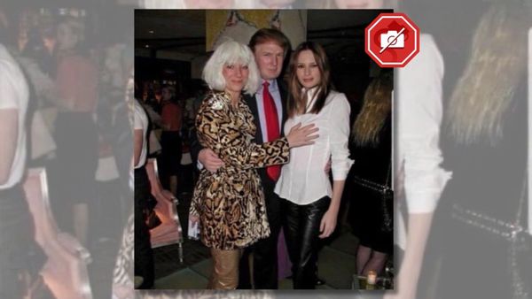 A digitally manipulated image appears to show Ghislaine Maxwell, Donald Trump and Melania Trump at a party in 2000.