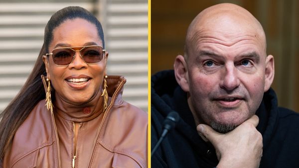 On the left, an image of Oprah Winfrey, a black woman wearing sunglasses, gold tasseled earrings and a brown leather coat. On the right, an image of Senator John Fetterman, a bald, white man wearing a black hoodie.