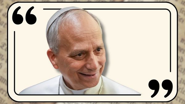 Photo collage with the head of Pope Leo, a white man in a white papal robe and skullcap, inside a quotation mark dialogue box.