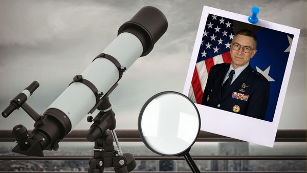 A collage featuring a black-and-white image of a telescope looking out over a cityscape and a U.S. Air Force photo of Major General William McCasland,  a white man with glasses. A magnifying glass appears in the bottom left corner of the photo.