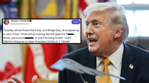 Image shows a screenshot of Trump's Truth Social post overlaid against a picture of Trump speaking.