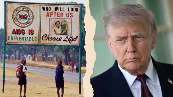 Side-by-side photos; the left is a rusted sign that says, "AIDS IS PREVENTABLE" and "WHO WILL LOOK AFTER US" with a drawing of children, while actual children stand underneath it, and on the right is U.S. President Donald Trump. 