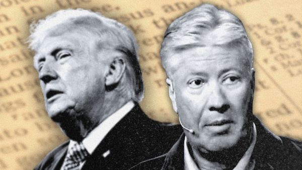 A photo collage with a black and white image of U.S. President Donald Trump and Robert Morris, an older white man with short hair.