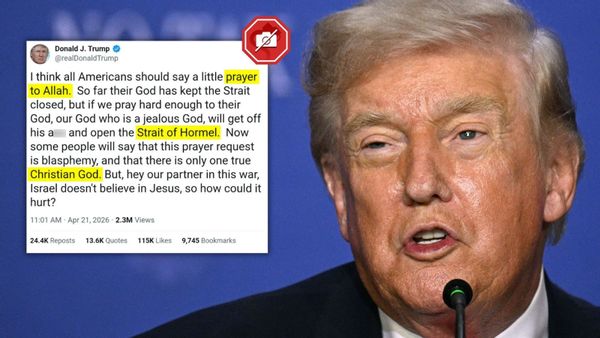 Image shows U.S. President Donald Trump speaking into a microphone next to a fake X post requesting a prayer to Allah for the "Strait of Hormel."