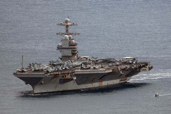 The USS Gerald R. Ford, a U.S. Navy ship, in the water.