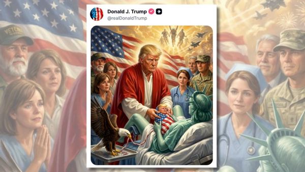Image appears to show a Truth Social post from U.S. President Donald Trump that includes an AI-generated image depicting him in the likeness of Jesus and delivering a baby Trump from Lady Liberty. Trump did not share such a post. 