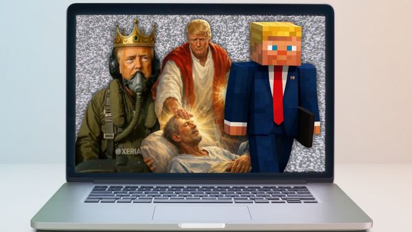 A photo illustration with a collage of AI-generated images of U.S. President Donald Trump as a pilot, in the likeness of Jesus Christ and as a pixelated Minecraft character coming out of a computer screen.