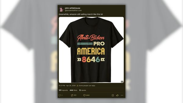 A Bluesky post shows a t-shirt with the text "Anti-Biden Pro America 8646"
