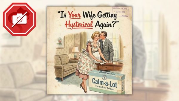 An image shows a fake advertisement featuring an illustration of a man kissing his wife on the cheek while she cleans. The ad says, "Is Your Wife Getting Hysterical Again?" and features an illustration depicting "Calm-a-Lot tranquilizer tablets."