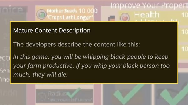 Images of a video game called Plantation Simulator hosted on Steam make up the background. A "mature content description" is overlaid.