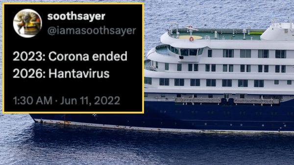Image featuring photo of the MV Hondius, the cruise ship at the epicenter of the spring 2026 hantavirus outbreak, and a June 2022 X post that reads, "2023: Corona ended, 2026: Hantavirus." 