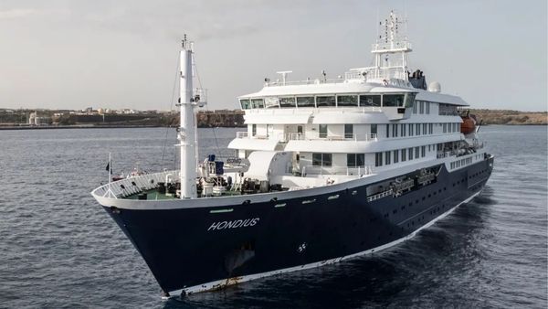 An aerial view of the cruise ship MV Hondius stationary off the port of Praia, the capital of Cape Verde, on May 5, 2026. 