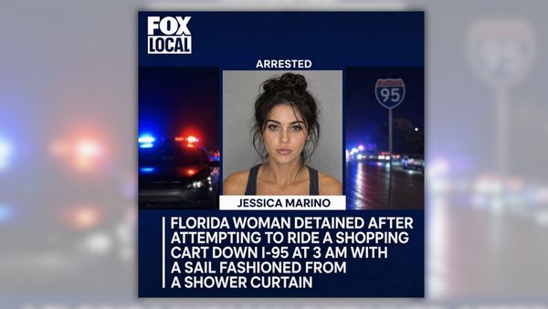 Fake mugshot of a young woman with the caption, "FLORIDA WOMAN DETAINED FOR ATTEMPTING TO RIDE A SHOPPING CART DOWN I-95 AT 3 AM WITH A SAIL FASHIONED FROM A SHOWER CURTAIN"