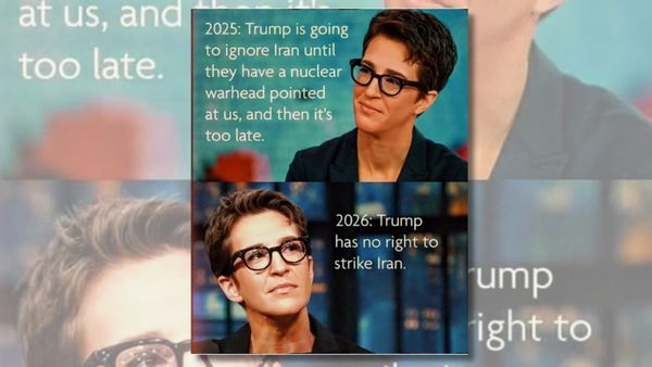 Two photos of MS Now host Rachel Maddow with an alleged quote criticizing Trump for ignoring Iran in 2025 followed by another where she purportedly said he had  "no right" to strike the country.